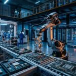 Robotic manufacturing floor producing next-generation AI hardware and servers
