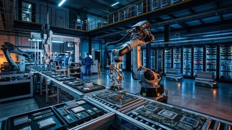 Robotic manufacturing floor producing next-generation AI hardware and servers