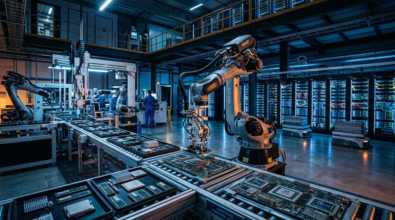 Robotic manufacturing floor producing next-generation AI hardware and servers