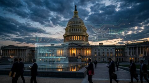 US Capitol dome with digital data streams representing AI safety oversight and California chatbot regulations